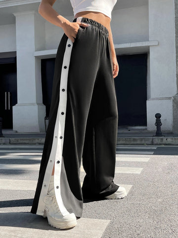 EZwear Contrast Side Seam Split Hem Button Detail Pants
