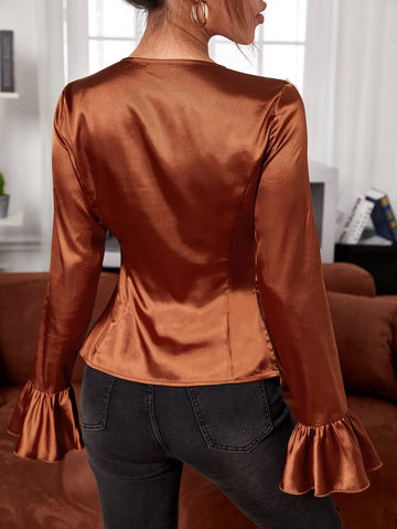 SXY Wrap Ruched Side Satin Blouse