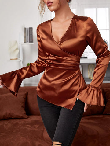 SXY Wrap Ruched Side Satin Blouse