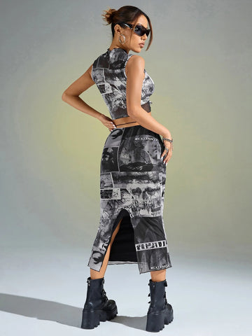 ICON Figure & Letter Graphic Crop Tank Top & Bodycon Skirt