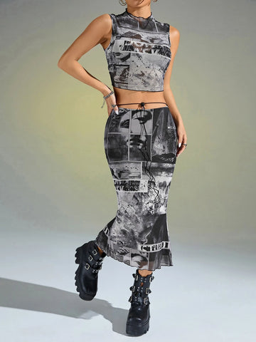 ICON Figure & Letter Graphic Crop Tank Top & Bodycon Skirt