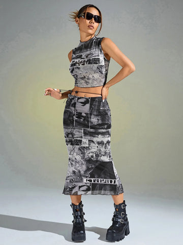 ICON Figure & Letter Graphic Crop Tank Top & Bodycon Skirt