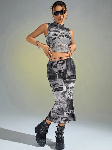 ICON Figure & Letter Graphic Crop Tank Top & Bodycon Skirt