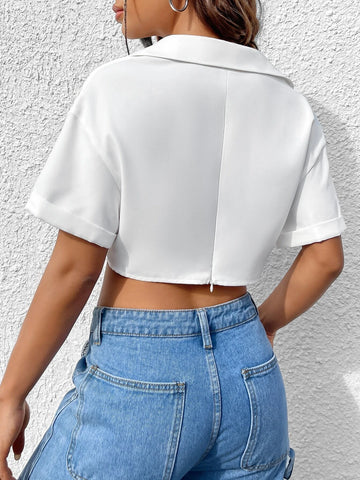 EZwear Flap Pocket Twist Front Crop Shirt