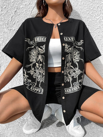 EZwear Skeleton & Letter Graphic Drop Shoulder Shirt