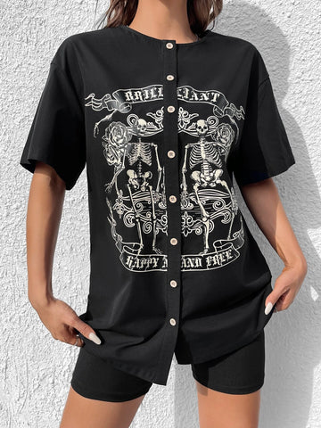 EZwear Skeleton & Letter Graphic Drop Shoulder Shirt