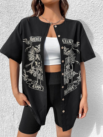 EZwear Skeleton & Letter Graphic Drop Shoulder Shirt