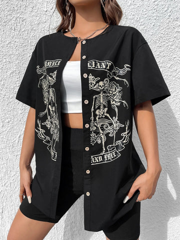 EZwear Skeleton & Letter Graphic Drop Shoulder Shirt