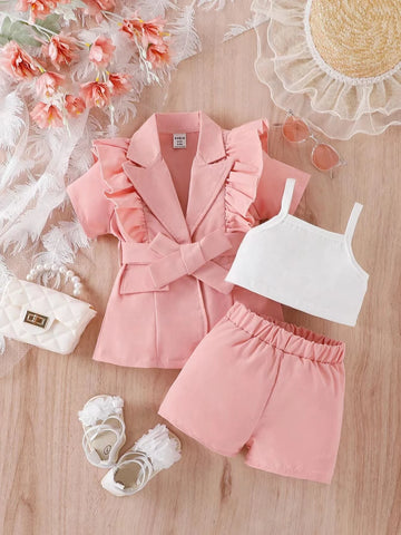 Baby Ruffle Trim Peak Collar Shirt & Cami Top & Shorts