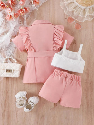 Baby Ruffle Trim Peak Collar Shirt & Cami Top & Shorts
