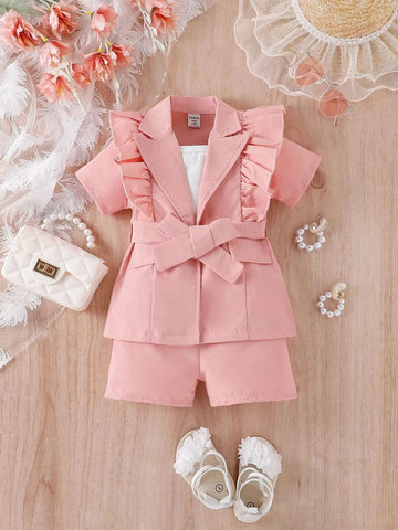 Baby Ruffle Trim Peak Collar Shirt & Cami Top & Shorts