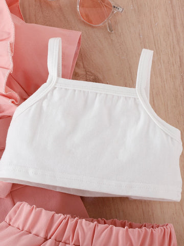 Baby Ruffle Trim Peak Collar Shirt & Cami Top & Shorts