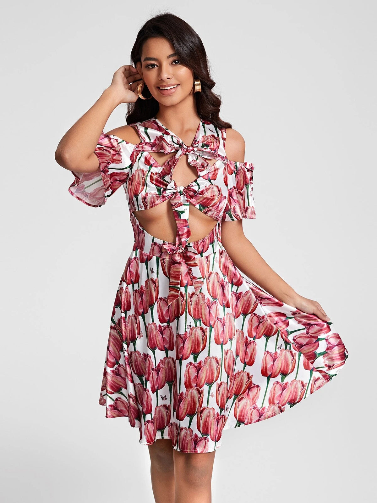 Allover Print Cold Shoulder Cut Out Knot Front Dress