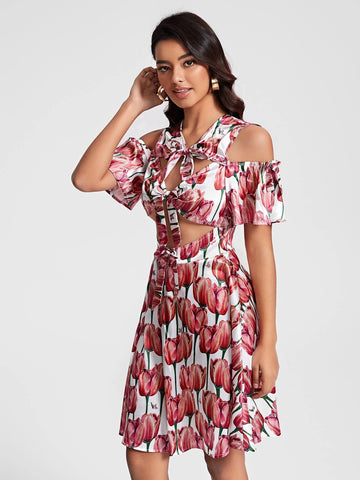 Allover Print Cold Shoulder Cut Out Knot Front Dress