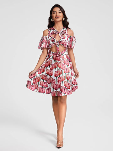 Allover Print Cold Shoulder Cut Out Knot Front Dress