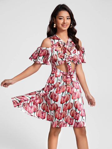 Allover Print Cold Shoulder Cut Out Knot Front Dress