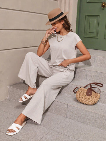 EMERY ROSE Solid Tee & Wide Leg Pants