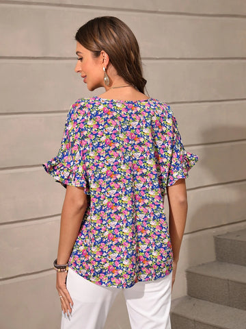 EMERY ROSE Allover Floral Print Flounce Sleeve Blouse