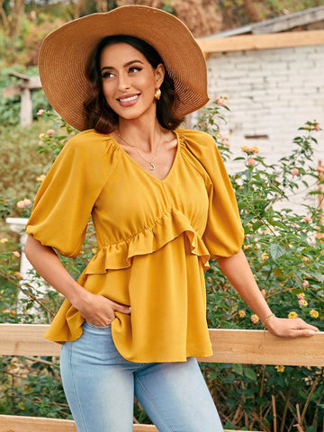 EMERY ROSE Puff Sleeve Ruffle Trim Blouse