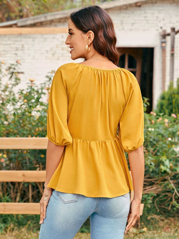 EMERY ROSE Puff Sleeve Ruffle Trim Blouse