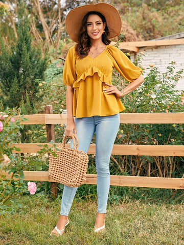 EMERY ROSE Puff Sleeve Ruffle Trim Blouse