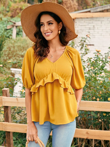 EMERY ROSE Puff Sleeve Ruffle Trim Blouse