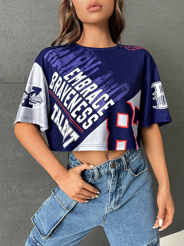 EZwear Letter Graphic Drop Shoulder Crop Tee