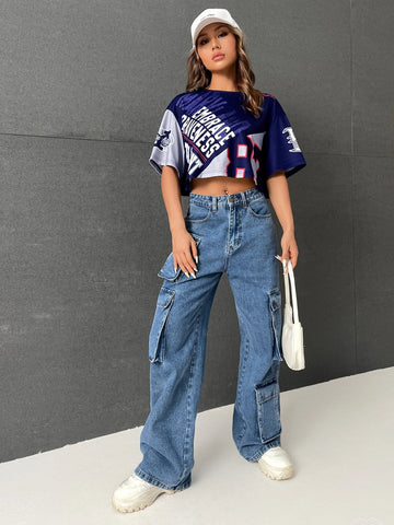 EZwear Letter Graphic Drop Shoulder Crop Tee