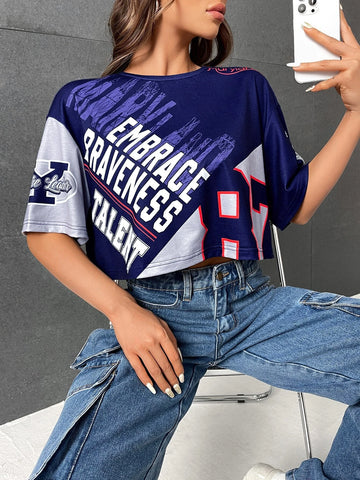 EZwear Letter Graphic Drop Shoulder Crop Tee
