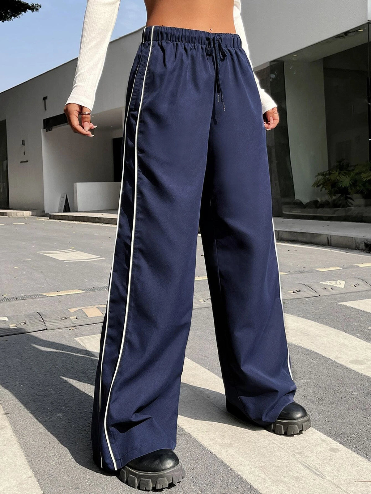 EZwear High Waist Seam Detail Wide Leg Pants