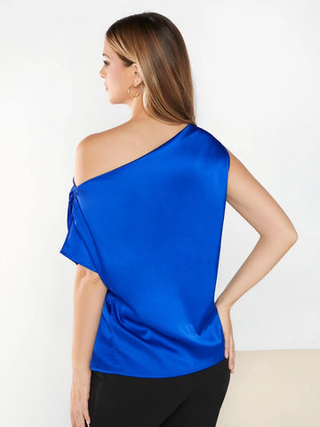 BIZwear Asymmetrical Shoulder Satin Blouse