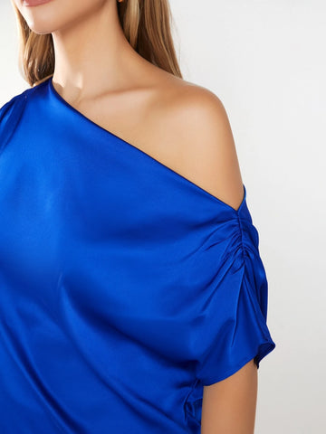 BIZwear Asymmetrical Shoulder Satin Blouse