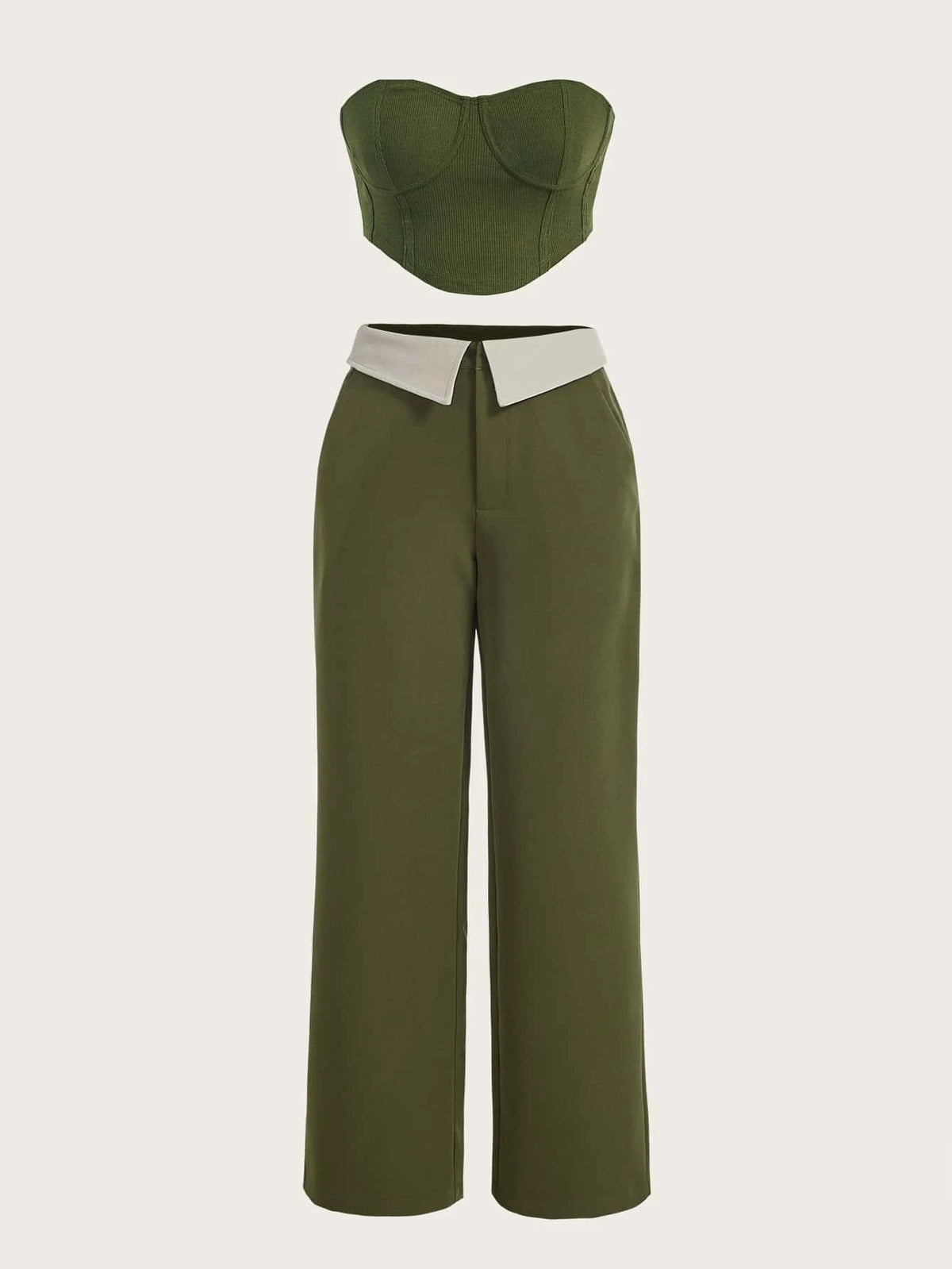 ICON Solid Bustier Crop Tube Top & Foldover Wide Leg Pants