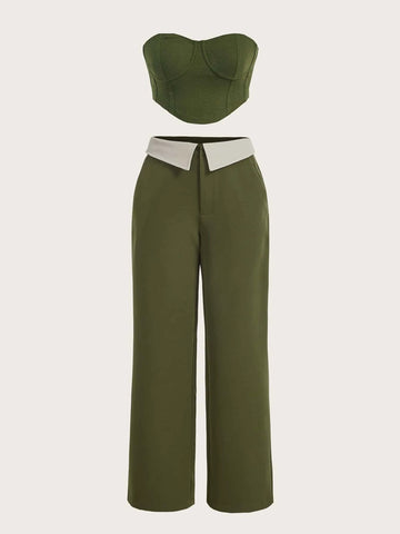 ICON Solid Bustier Crop Tube Top & Foldover Wide Leg Pants