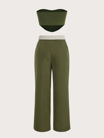 ICON Solid Bustier Crop Tube Top & Foldover Wide Leg Pants