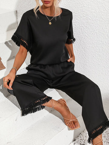 Fringe Trim Batwing Sleeve Blouse & Wide Leg Pants