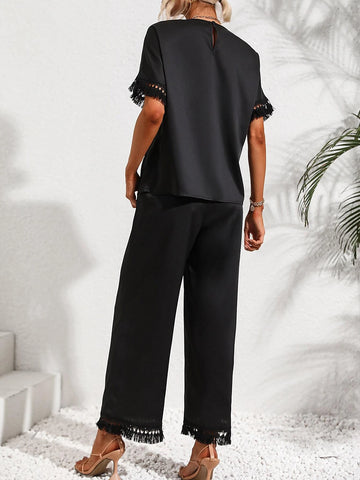Fringe Trim Batwing Sleeve Blouse & Wide Leg Pants