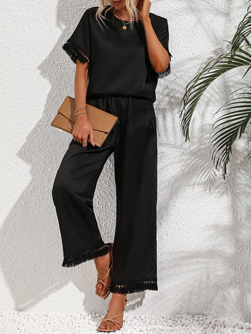 Fringe Trim Batwing Sleeve Blouse & Wide Leg Pants