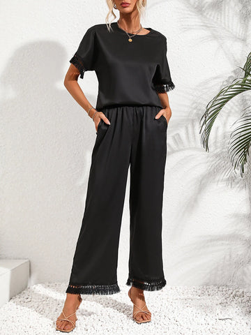 Fringe Trim Batwing Sleeve Blouse & Wide Leg Pants
