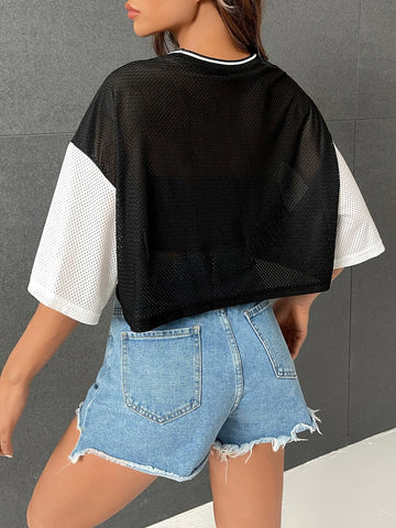 Letter Graphic Striped Trim Drop Shoulder Tee