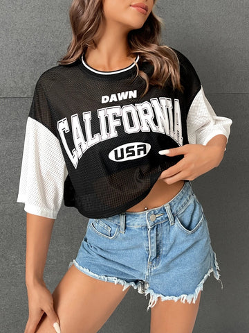 Letter Graphic Striped Trim Drop Shoulder Tee