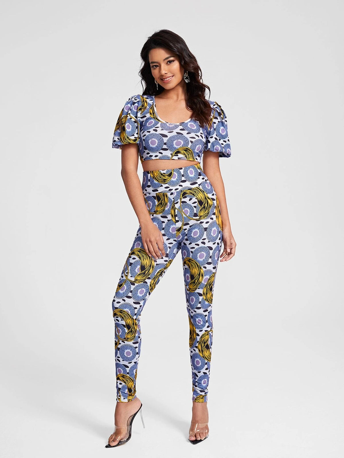 PARTY GIRL Allover Print Crop Tee & Leggings Set