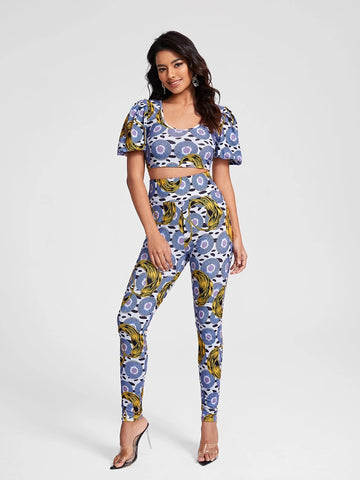 PARTY GIRL Allover Print Crop Tee & Leggings Set