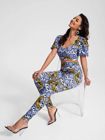 PARTY GIRL Allover Print Crop Tee & Leggings Set