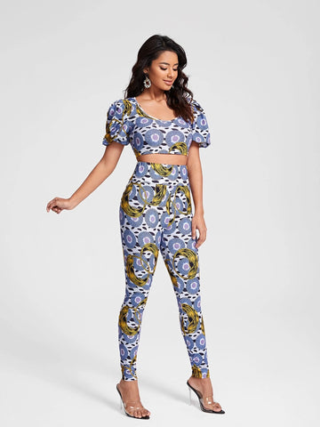 PARTY GIRL Allover Print Crop Tee & Leggings Set