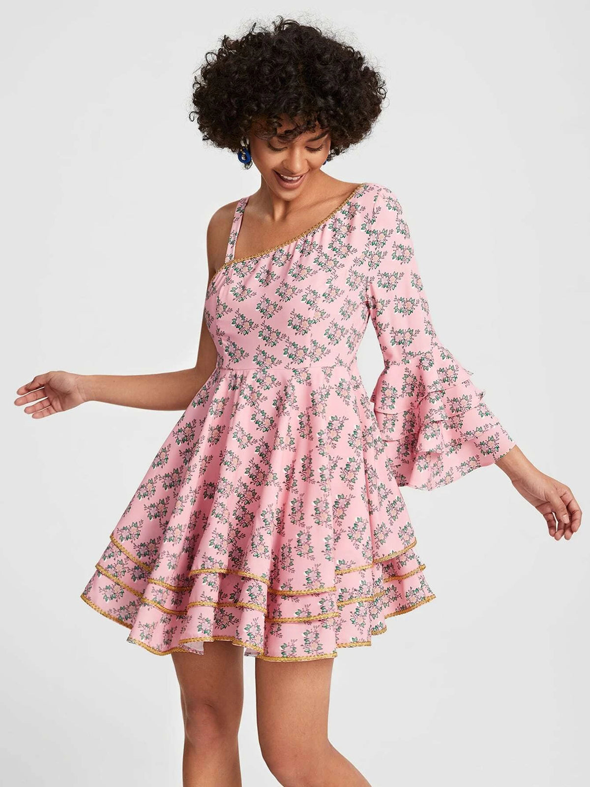 Floral Print Flounce Sleeve Layered Hem Dress