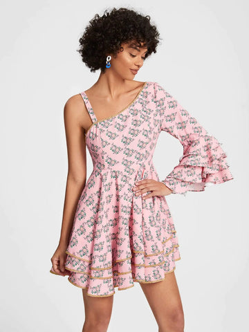 Floral Print Flounce Sleeve Layered Hem Dress