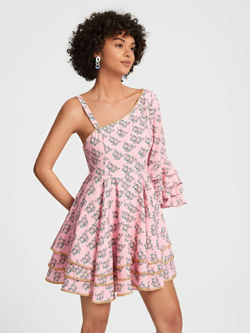 Floral Print Flounce Sleeve Layered Hem Dress
