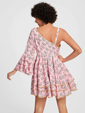 Floral Print Flounce Sleeve Layered Hem Dress