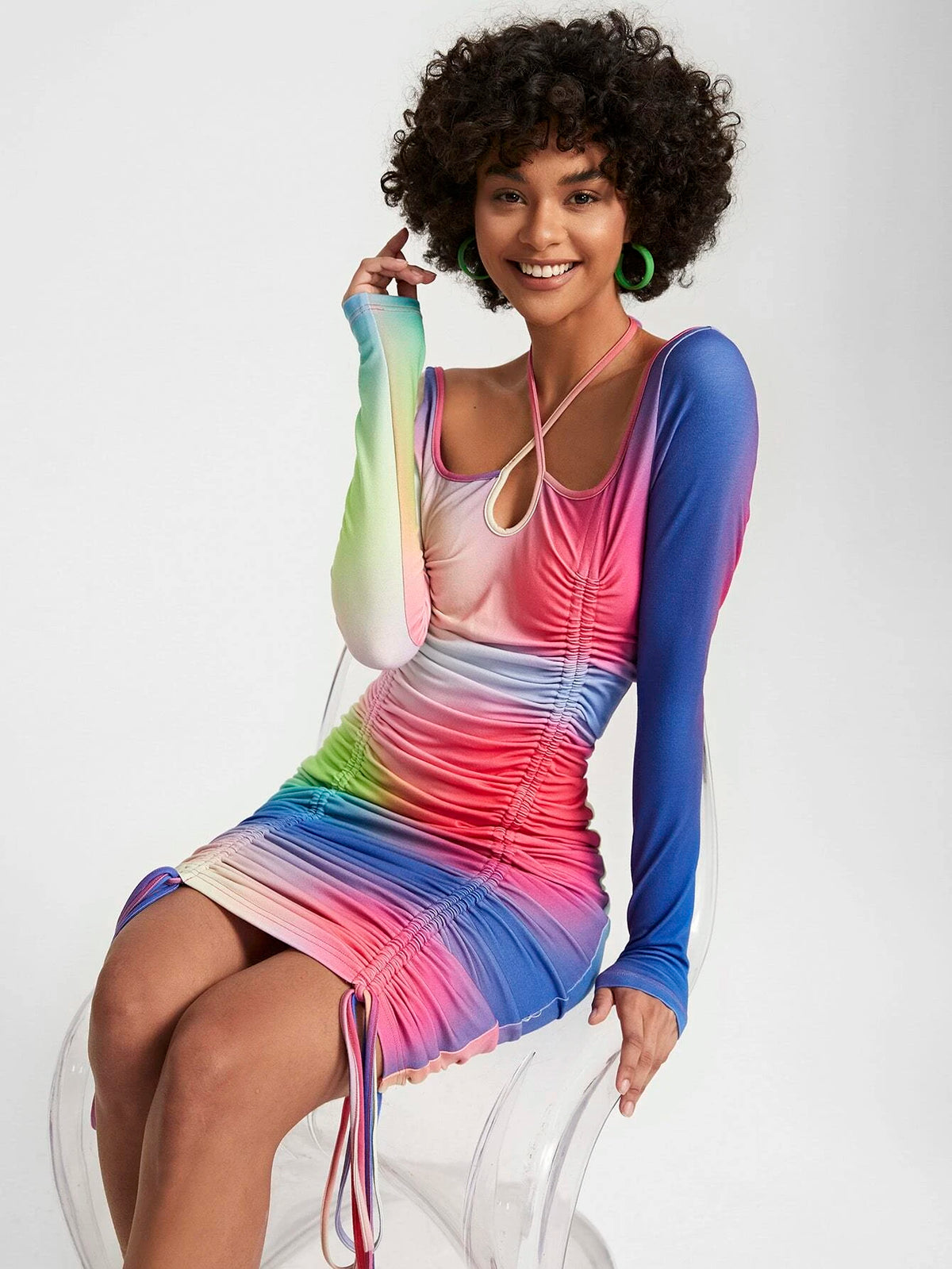 Ombre Drawstring Front Bodycon Dress